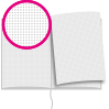 Notizbuch DIN A4 hoch, Umschlag: Hardcover 4/0-farbig, Inhalt: 64 gepunktete Inhaltsseiten inkl. Abrissperforation (1 cm vom Bund)